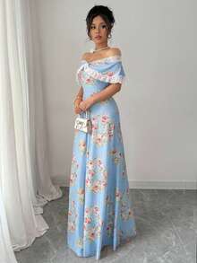 Rafferiza Petite 女款復古花卉印花蕾絲拼接露肩修身洋裝，適合嬌小女性 - 藍色 - 查看 5