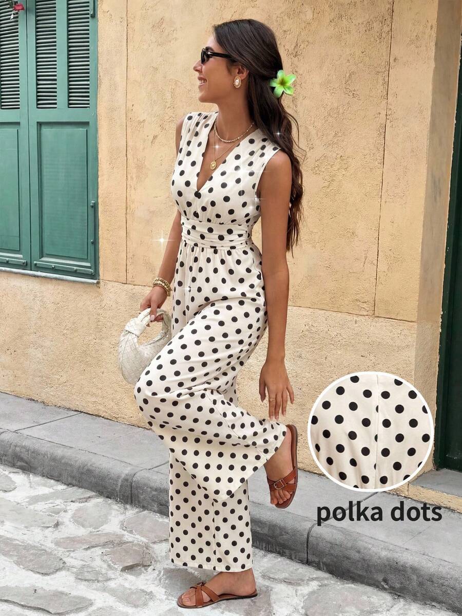 女士波点印花V领无袖阔腿连体裤 - 黑與白 - 查看 1