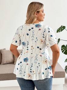 Plussiva Atasan Babydoll Hamil Ukuran Besar untuk Liburan Pantai Musim Panas Motif Bunga Leher V Dalam dengan Renda Kontras - MultiWarna - View 2