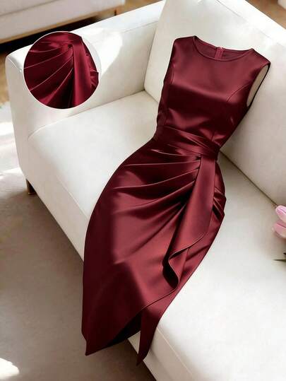 GlowEve CURVE Đầm nữ kiểu Pháp thanh lịch, chất liệu crepe dệt kim mặt satin, màu trơn, cổ tròn, không tay, đầm mùa hè, trang phục mùa hè cho nữ, ngày lễ tình nhân, đầm dự tiệc cho nữ, đầm dự tiệc thanh lịch, đầm dự đám cưới, đầm dự tiệc, đầm cưới và sự kiện, đầm tốt nghiệp, trang phục cho mẹ dự lễ tốt nghiệp, đầm mùa hè mới cho nữ.