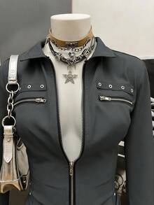 SHEIN Unity 女士休闲时尚街头朋克轻薄拉链修身衬衫，春秋季 - 灰色 - 查看 7