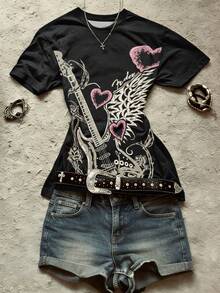 SHEIN Áo thun cổ tròn họa tiết trái tim và đàn guitar phối màu đơn giản thoải mái cho nữ, phù hợp mặc hàng ngày - Nhiều màu - Xem 3