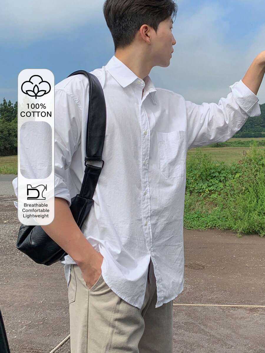 DAZY 男士基础款纯白休闲衬衫，秋季长袖男士衬衫商务正装 - 白色 - 查看 1