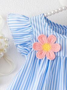 SHEIN Baby GirlColorful Striped Floral Trim Casual Cute Dress With 3D Flower Decor, Spring/Summer - Blue - View 5