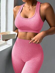 SHEIN Sports Women's Solid Color Cropped Tank Top And Leggings Sports Set - Pink - View 4
