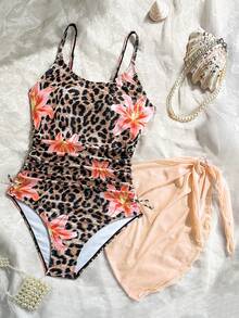SHEIN Bộ đồ bơi liền thân kiểu dáng giản dị dành cho nữ tuổi teen, họa tiết hoa nhí, nơ bên hông, kèm váy che ngoài, thích hợp cho kỳ nghỉ. - Màu vàng - Xem 3