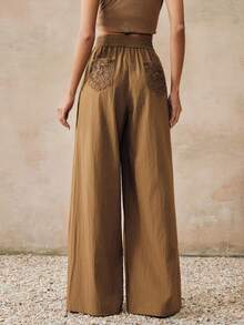 Anewsta New Summer Casual Loose Water-Soluble Lace Pocket Waist Ruched Brown Straight Wide-Leg Pants, Suitable For Women's Daily, Work Outfits, Summer Holiday Outfits - Brown - View 2