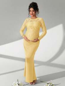 Cheriluna Maternity 纯色蕾丝长袖荷叶边鱼尾孕妇摄影连衣裙 - 黃色 - 查看 6