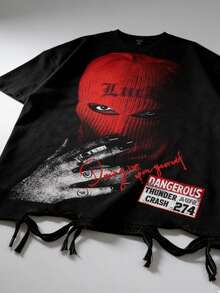 ROMWE MEN 2026 Spring/Summer New Distressed Y2K Style Unisex Crew Neck Short Sleeve T-Shirt - Black - View 6