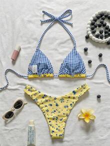 Swim Mod 女士随机印花挂脖比基尼套装，春夏黄色泳衣，黄色碎花比基尼，女士黄色泳装，两件式泳衣，黄色两件套比基尼沙滩装，女士夏季泳装比基尼套装，适合度假邮轮旅行海滩日光浴 - 彩色 - 查看 3