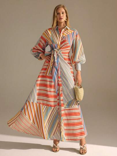 CLARA VERO Striped Belted Shirt Collar Maxi Dress, Loose Fit Highlights Effortless Silhouette Perfect For Office Days, Summer Gatherings Or Brunch Outings, Made In Lightweight Non-Elastic 100% Polyester Fabric For Breezy Feel And All-Day Comfort