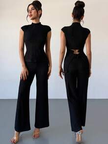 Rafferiza Set da 2 pezzi composto da top corto con decorazione a catena e pantaloni a zampa d'elefante, moda estiva da donna - nero - Visualizzare 1