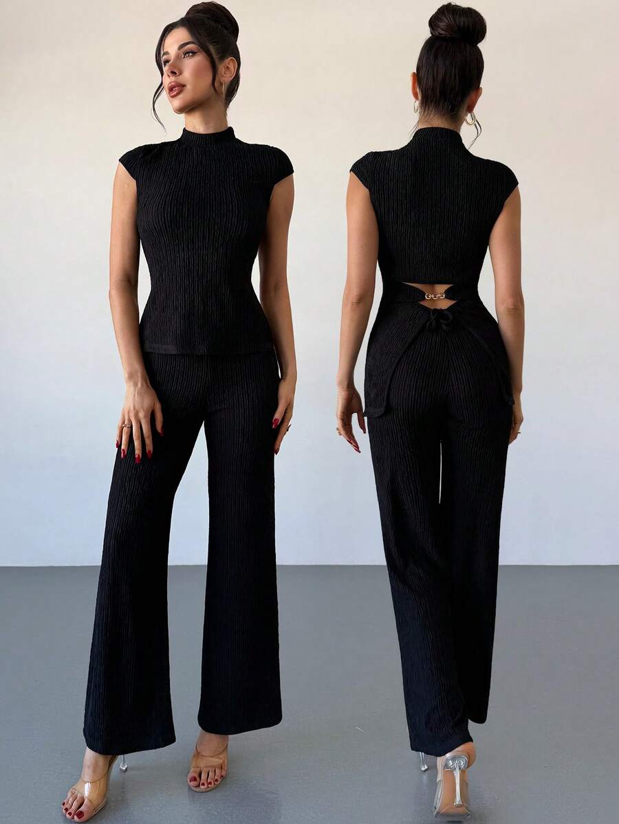 Rafferiza Set da 2 pezzi composto da top corto con decorazione a catena e pantaloni a zampa d'elefante, moda estiva da donna - nero - Visualizzare 1