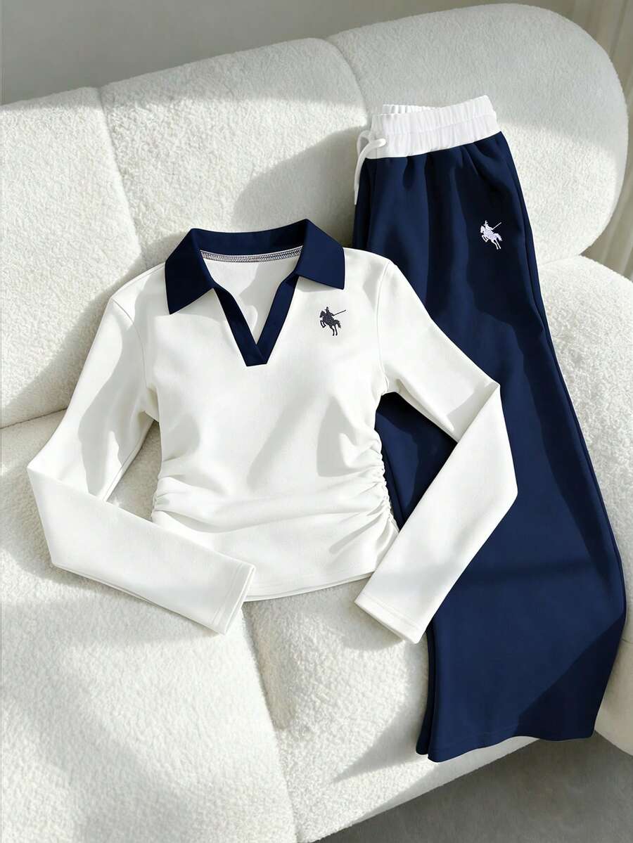 Teen Girls' Contrast Color Half-Zip Ruched Long Sleeve Casual T-Shirt Set - Multicolor - View 1