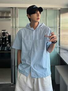 DAZY Men's Striped Blue Hooded Short Sleeve Button-Up Shirt, Summer - Blue - View 7