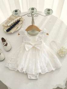 SHEIN Babygirl Elegant & Cute Casual White Knit Patchwork Floral Embroidery Mesh Romper - White - View 9
