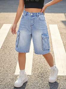 Quần short Bermuda denim ống đứng nhiều túi phong cách Y2K dành cho bé gái tuổi teen, quần short jeans cạp cao dáng rộng thoải mái, màu xanh trung bình + hiệu ứng mài rách, chất liệu denim cotton thoải mái, phù hợp cho mặc hàng ngày, đi nghỉ mát, đi học, đi làm. - Rửa trung bình - Xem 1