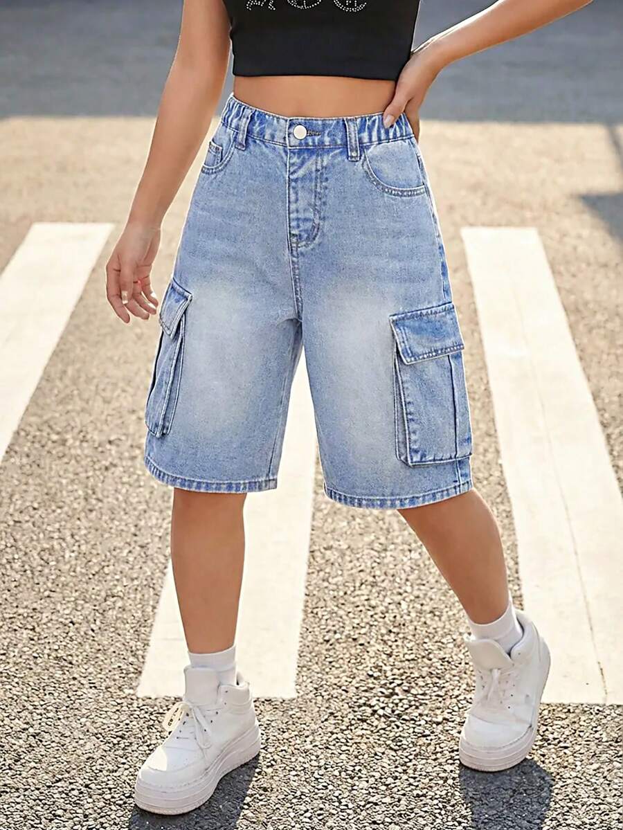 Quần short Bermuda denim ống đứng nhiều túi phong cách Y2K dành cho bé gái tuổi teen, quần short jeans cạp cao dáng rộng thoải mái, màu xanh trung bình + hiệu ứng mài rách, chất liệu denim cotton thoải mái, phù hợp cho mặc hàng ngày, đi nghỉ mát, đi học, đi làm. - Rửa trung bình - Xem 1