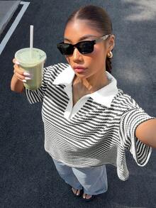 Muchica 女士条纹针织撞色领短袖T恤 - 黑與白 - 查看 6