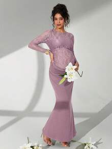 Cheriluna Maternity Solid Color Lace Long Sleeve Long Ruffle Mermaid Maternity Photography Dress - Purple - View 1
