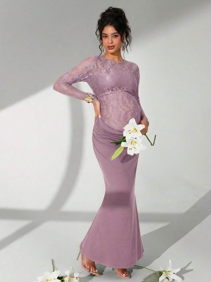 Cheriluna Maternity Solid Color Lace Long Sleeve Long Ruffle Mermaid Maternity Photography Dress - Purple - View 1