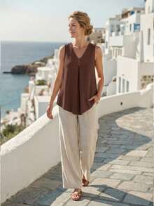 EMERY ROSE Women's Summer Casual Vacation Holiday Coffee Brown V-Neck Textured Fabric Pleated Loose Sleeveless Top Blouse Modern Greece Outfits Linen Sets - Brown - View 5