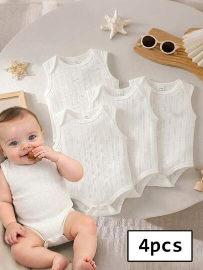 SHEIN Playful Pals 3pcs Baby Boys White Short Sleeve Romper For Summer
