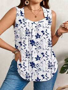 EMERY ROSE Blue & White Floral Hollow Plus Size Tank Top, Suitable For Summer - Multicolor - View 1