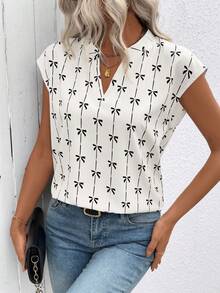 Women's Spring/Summer Bow Print Cutout Collar Batwing Sleeve Blouse - White - View 5