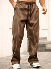 Manfinity Homme Men's Casual Striped Pants, Fashion Trousers - Coffee Brown - View 3