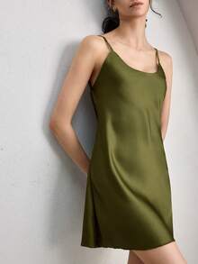 Ocili Đầm hai dây ngắn gợi cảm hở lưng, chất liệu giống lụa dành cho nữ - Màu xanh lá cây đậm - Xem 6