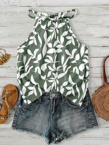 SHEIN LUNE Women's Green & White Floral Print Halter Neck Camisole, Suitable For Spring/Summer Vacation - Multicolor - View 3