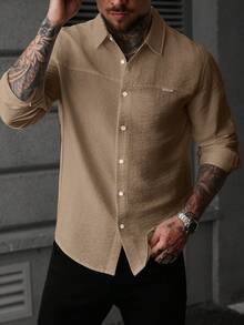 Manfinity CasualCool Men's Solid Color Minimalist Textured Front Button Long Sleeve Casual Shirt - Khaki - View 6