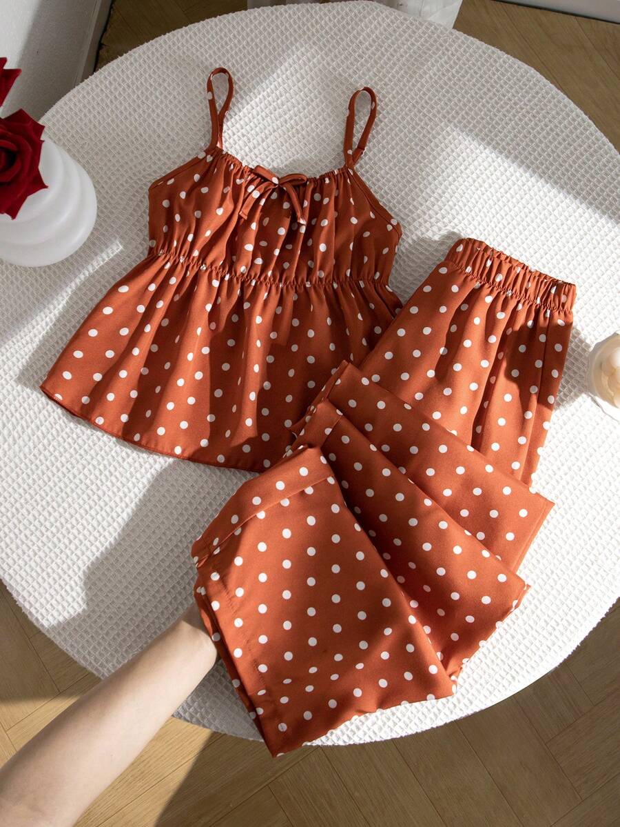 Sparklyn Bộ đồ thường ngày cho bé gái tuổi teen: áo hai dây và quần chấm bi. - trái cam - Xem 1