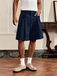 SWAVVY Pantalones cortos casuales sueltos de unicolor para hombres - Azul Marino - Ver 6