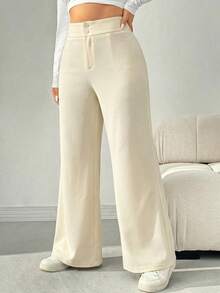 SHEIN EZwear 大码女式卡其色高腰直筒休闲裤 - 卡其色 - 查看 5