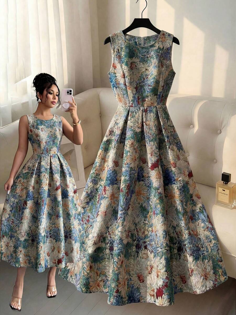 Elenzga 女士花卉提花圆领无袖褶皱优雅中长连衣裙 - 彩色 - 查看 1