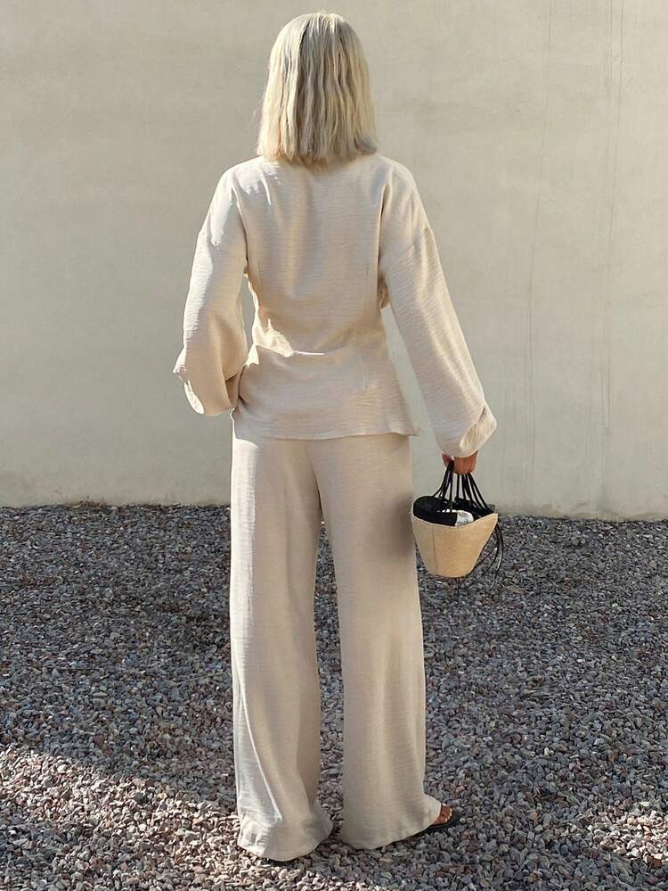 Women's Casual Collared Solid Color Waist Fitted Top And Pants 2 Pieces Set