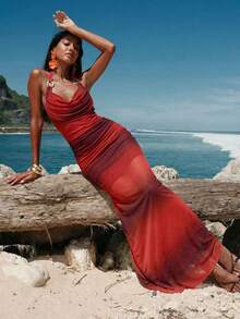 SHEIN Knitted Mesh Print Backless Dress For Women, Elegant Sexy Style, Suitable For Dates Golf And Night Outings Pastal Summer - Multicolor - View 1