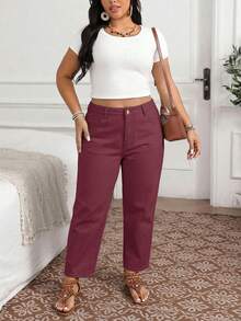 EMERY ROSE Quần jeans nữ cỡ lớn dáng suông có túi. - Màu Đỏ Sâu - Xem 6