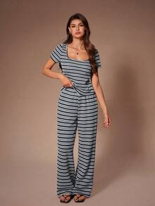 Lazeform Comfortable & Fashionable Striped Scoop Neck Short Sleeve Loungewear Set - Blue - View 3