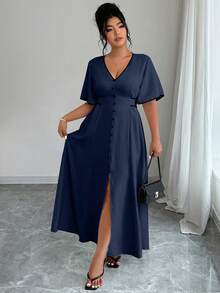 Elenzga Plus Size Women V-Neck Ruffle Trim Short Sleeve Elegant Button Design Dress - Navy Blue - View 1