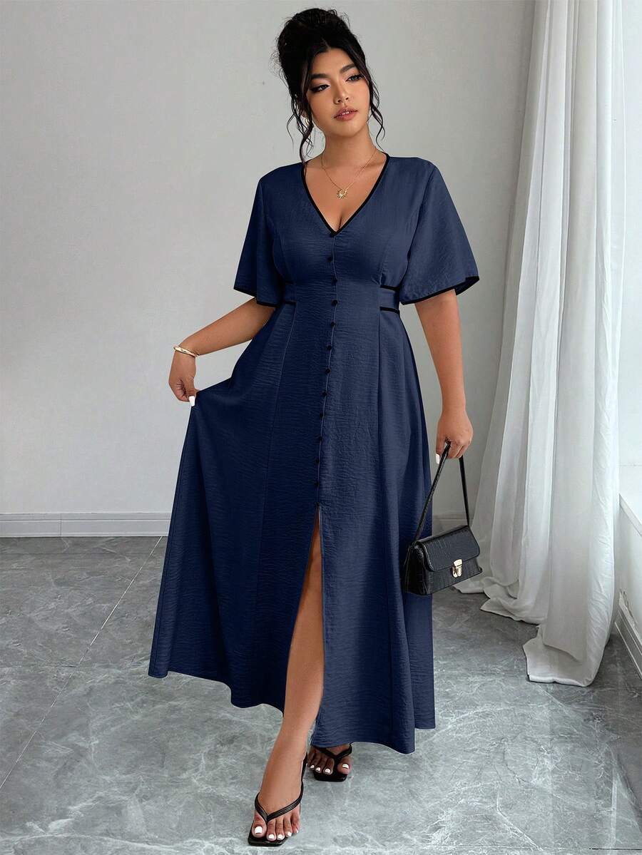 Elenzga Plus Size Women V-Neck Ruffle Trim Short Sleeve Elegant Button Design Dress - Navy Blue - View 1