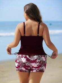 Swim Lushoire Plus Size Women Floral Print Tankini Swimwear - Burgundy - View 2