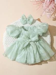SHEIN Gaun Romper Bayi Perempuan Baru Lahir dengan Bando Pita, Ukuran 0-3 Bulan, Pakaian Fotografi Bayi Warna Kuning untuk Musim Semi dan Musim Panas - Hijau - View 3