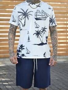 Devon Thys 男士棕榈树印花圆领短袖休闲 T 恤和抽绳腰短裤套装，度假舒适服装 - 彩色 - 查看 3