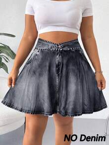 Elenzga 大码女装时尚休闲浅蓝色牛仔印花高腰显瘦短裙，弹力面料，适合运动、户外跑步和日常休闲穿着 - 黑色 - 查看 8