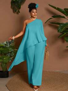 Maweii 2pcs/Set Asymmetric Hem Loose Yellow Casual Vacation Commute Plus Size Top & Shorts Set, Spring/Summer/Autumn Fall - Blue - View 3