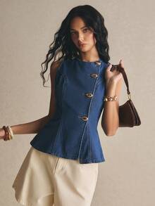 Poéselle Women's Metal Button Single-Breasted Sleeveless Denim Top - Dark Wash - View 1