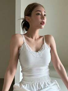 DAZY Camiseta de tirantes de mujer de unicolor con encaje y acanalado para el verano - Blanco - Ver 2